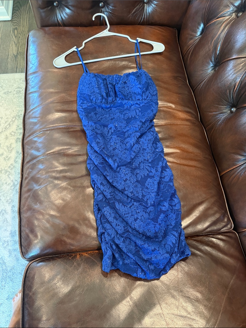Macy's Royal Blue Lace Ruched Spaghetti Strap Mini Dress